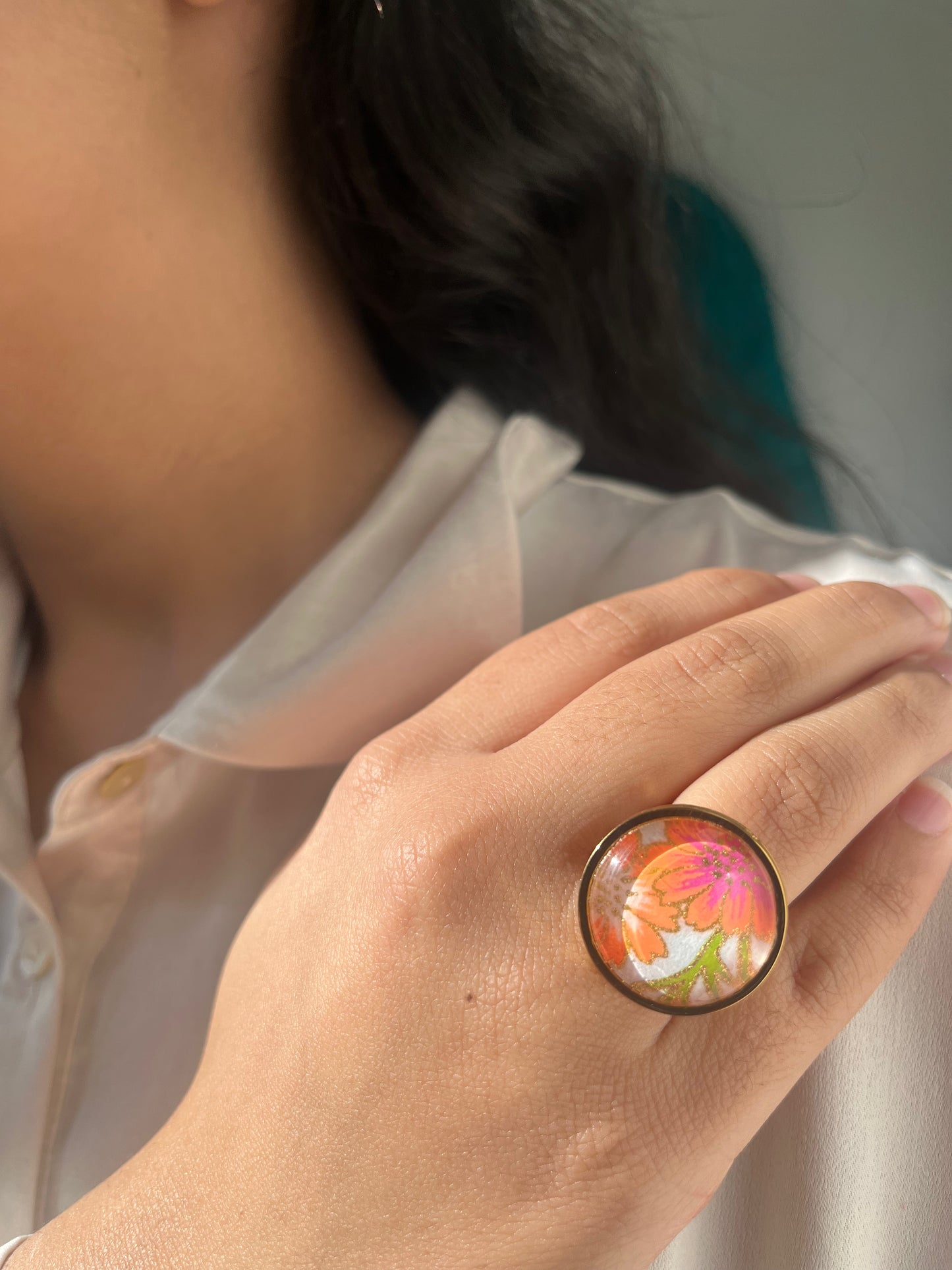 Bague ronde 20mm doré FLORAL ROSE