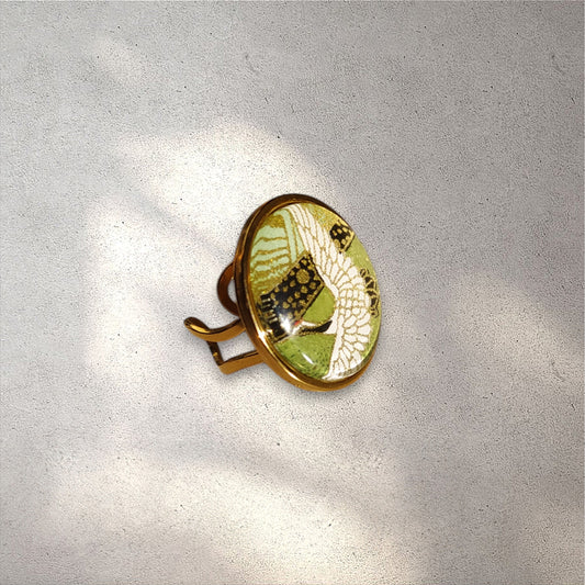 Bague ronde 25mm doré GRUE VERT