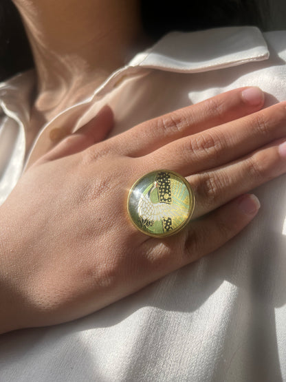 Bague ronde 25mm doré GRUE VERT