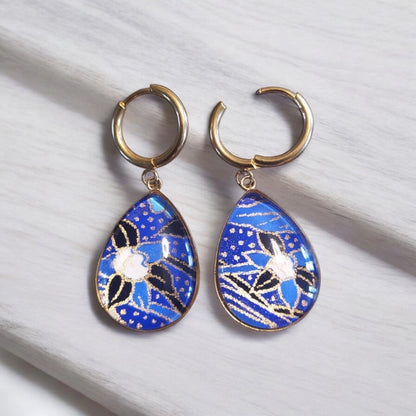 Boucles d'oreilles gouttes BLEU FLORAL